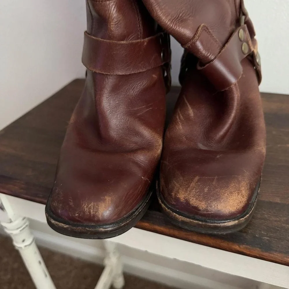 Vintage 90s / Y2K Brown Harness Leather Campus Boot Stacked Heel